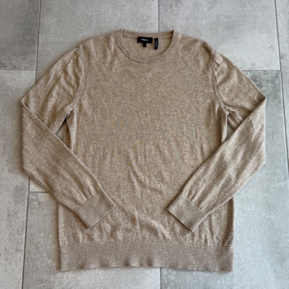 Theory Riland P Harman Merino Wool Blend Crewneck Sweater Tan Beige Mens Large